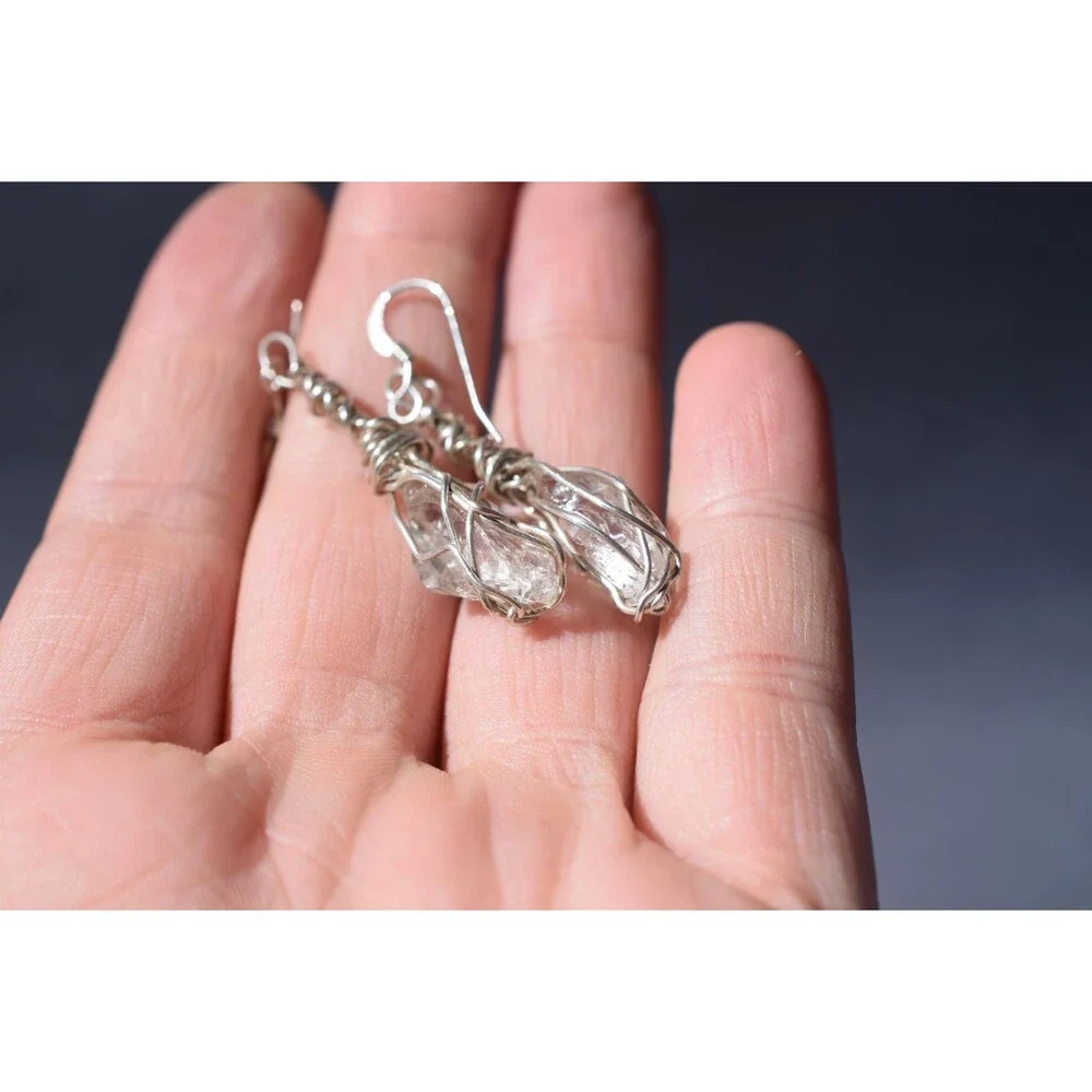 Large Dangle Earrings, Large Raw Diamonds, Gold Wire Wrapped Earrings, Rough Dia